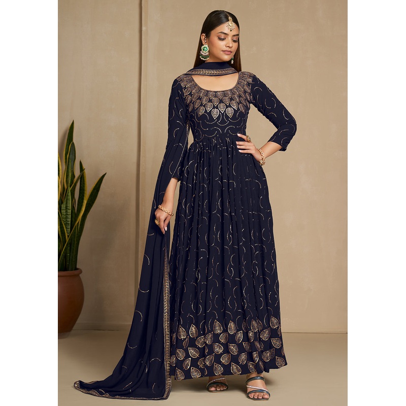 Zari & Sequins Embroidered Navy Blue Anarkali Suit
