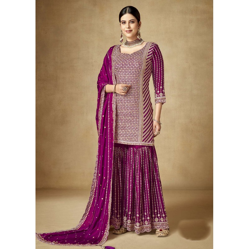 Alluring Magenta Purple Zari & Sequins Embroidered Gharara Suit
