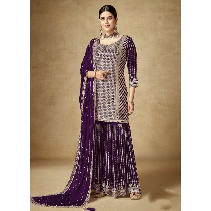 Alluring Purple Zari & Sequins Embroidered Gharara Suit