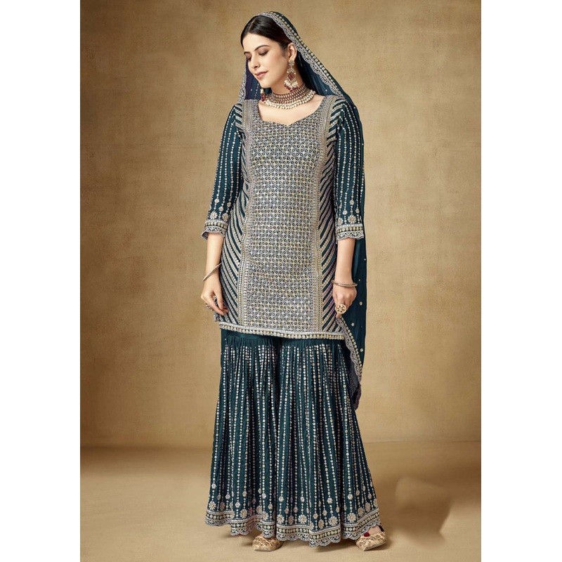 Alluring Teal Zari & Sequins Embroidered Gharara Suit