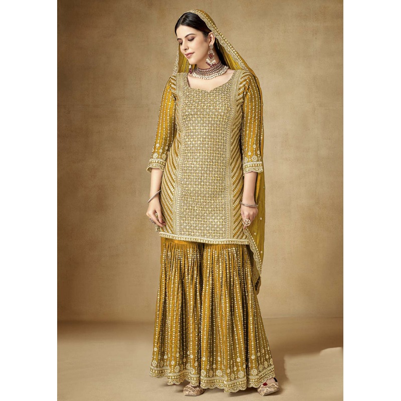 Alluring Yellow Zari & Sequins Embroidered Gharara Suit