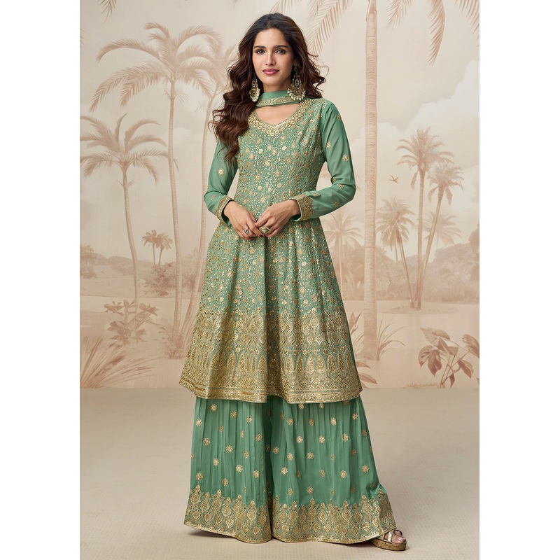 Beautiful Green Color Embroidered Designer Palazzo Suit