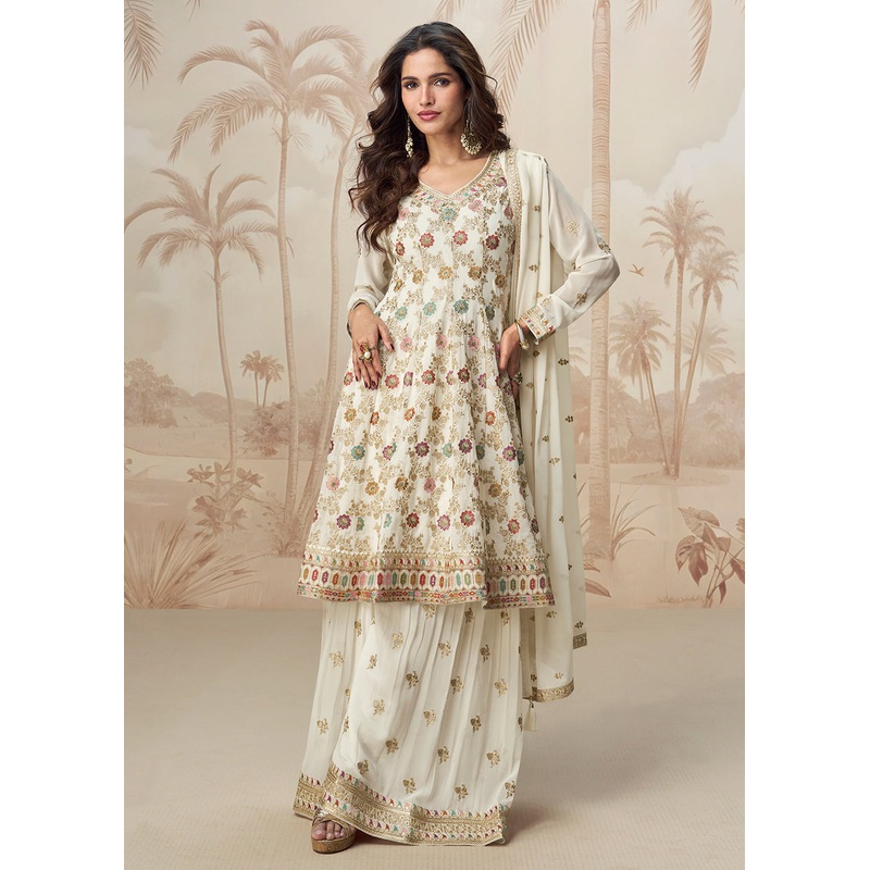Beautiful Off White Color Embroidered Designer Palazzo Suit