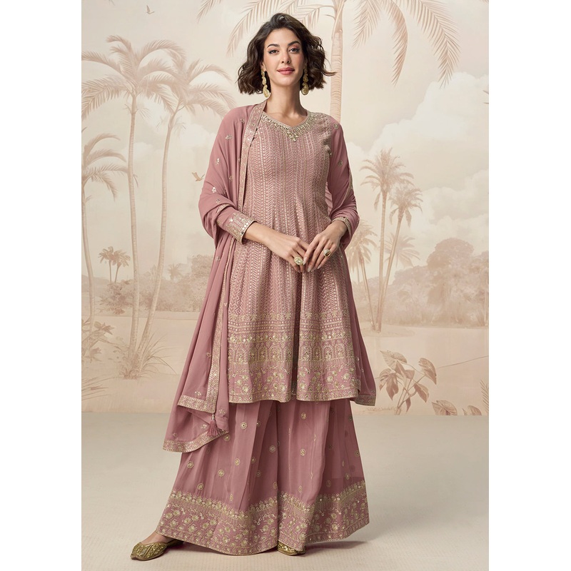 Beautiful Rose Pink Color Embroidered Designer Palazzo Suit