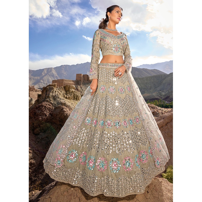 Beige Embroidered Pure Organza Designer Bridal Lehenga Choli