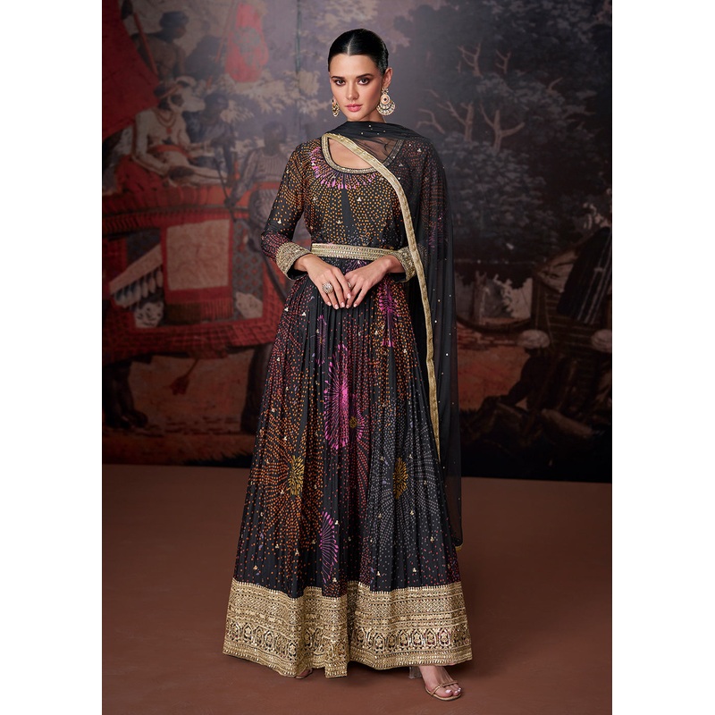 Blue Black Printed & Embroidered Wedding Anarkali Dress