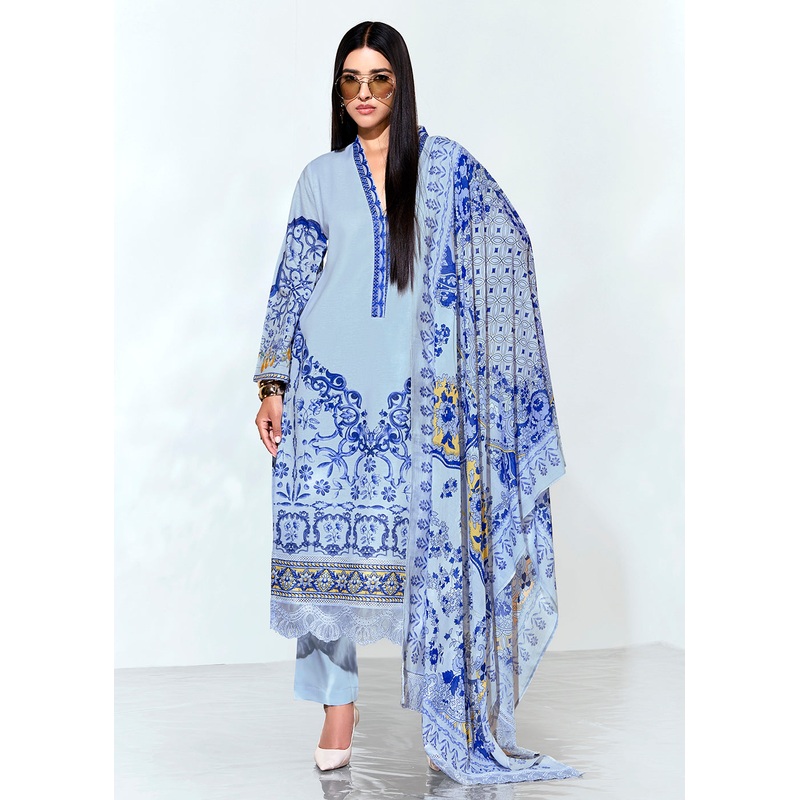 Blue Linen Printed & Embroidered Pant Style Suit