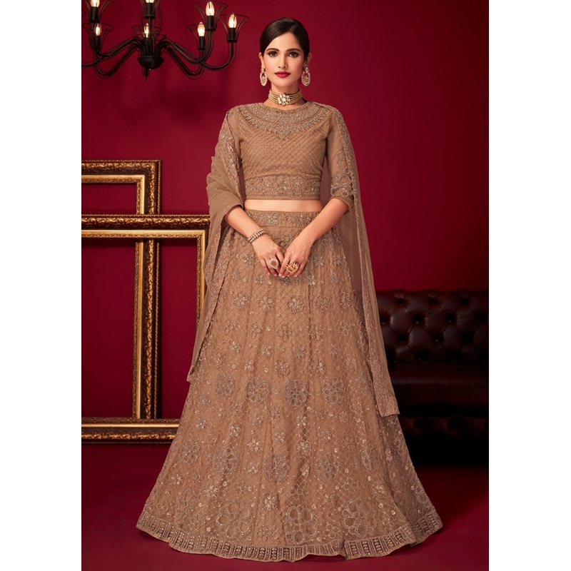 Bridal Brown Resham & Stone Embroidered Wedding Lehenga Choli