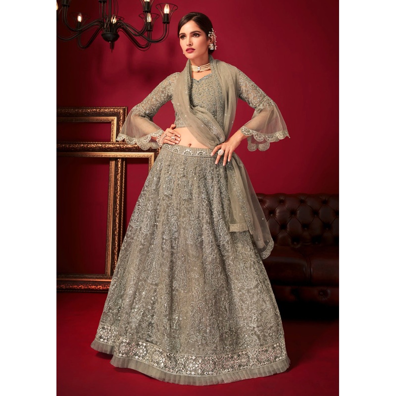 Bridal Grey Resham & Stone Embroidered Wedding Lehenga Choli