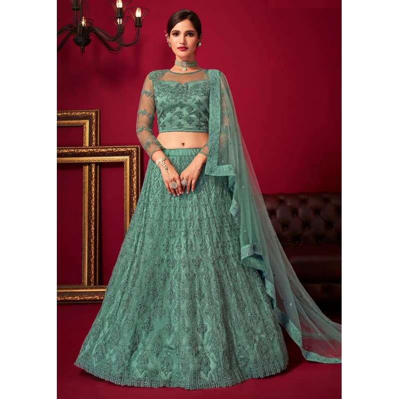 Bridal Sea Green Resham & Stone Embroidered Wedding Lehenga Choli