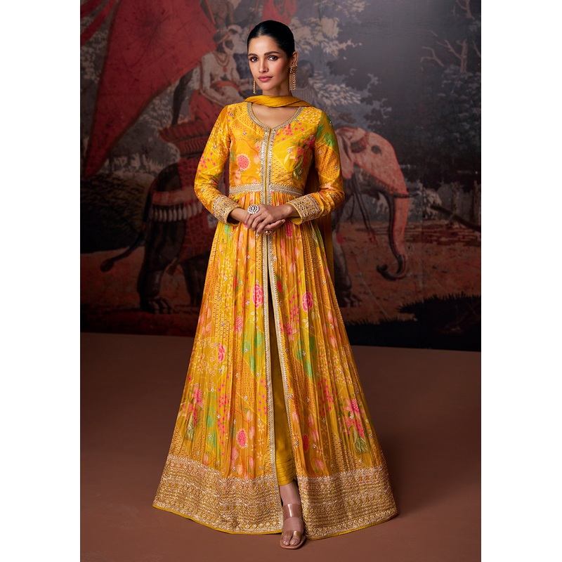 Bright Mustard Printed & Embroidered Wedding Anarkali Dress