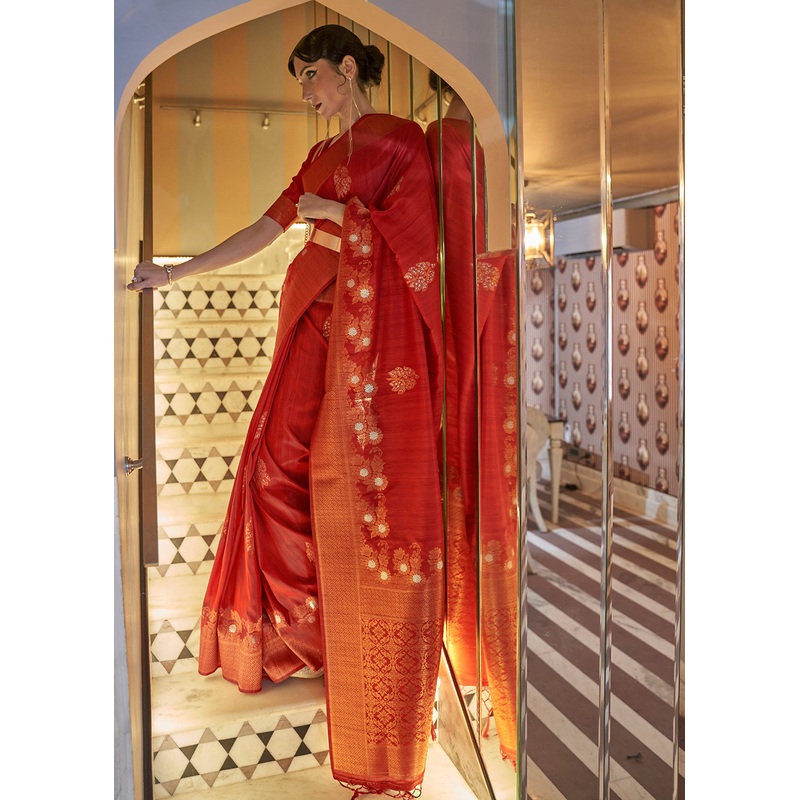 Carrot Red Tussar Banarasi Silk Designer Saree