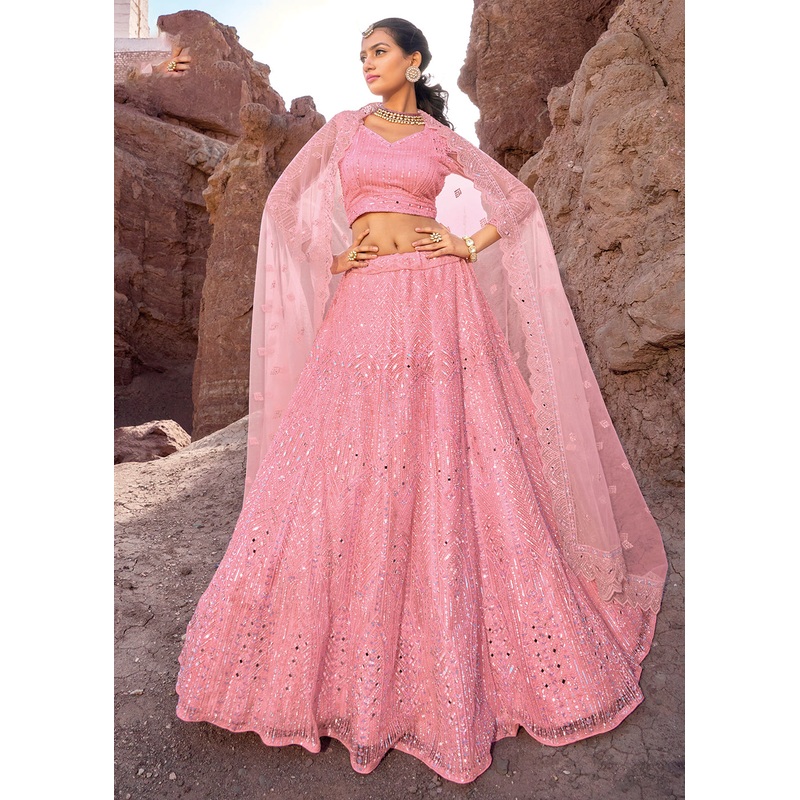 Coral Pink Embroidered Pure Net Designer Bridal Lehenga Choli