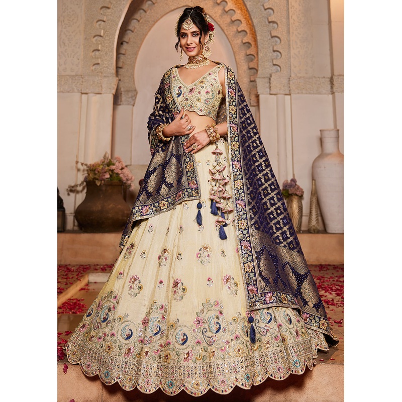 Cream & Blue Premium Tissue Embroidered Wedding Lehenga Choli