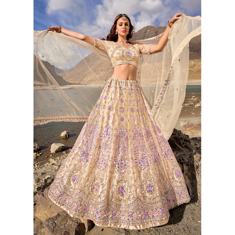 Cream Embroidered Pure Net Designer Bridal Lehenga Choli