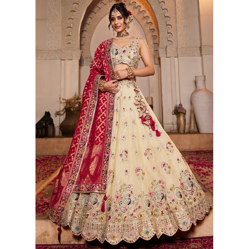 Cream & Pink Premium Tissue Embroidered Wedding Lehenga Choli
