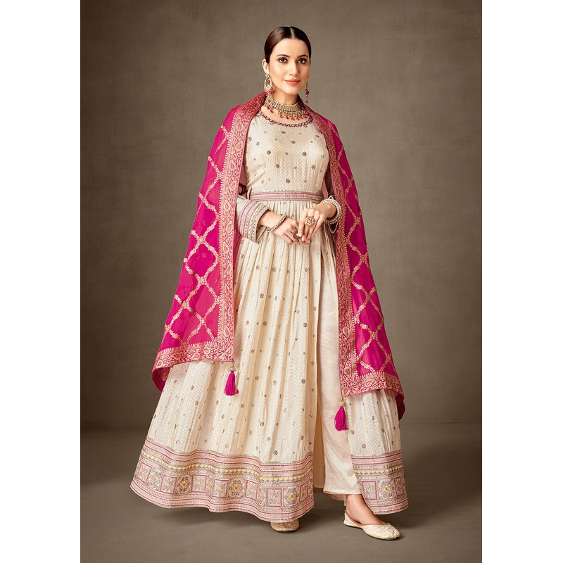 Cream & Pink Pure Silk Jacquard Slit Style Anarkali Dress