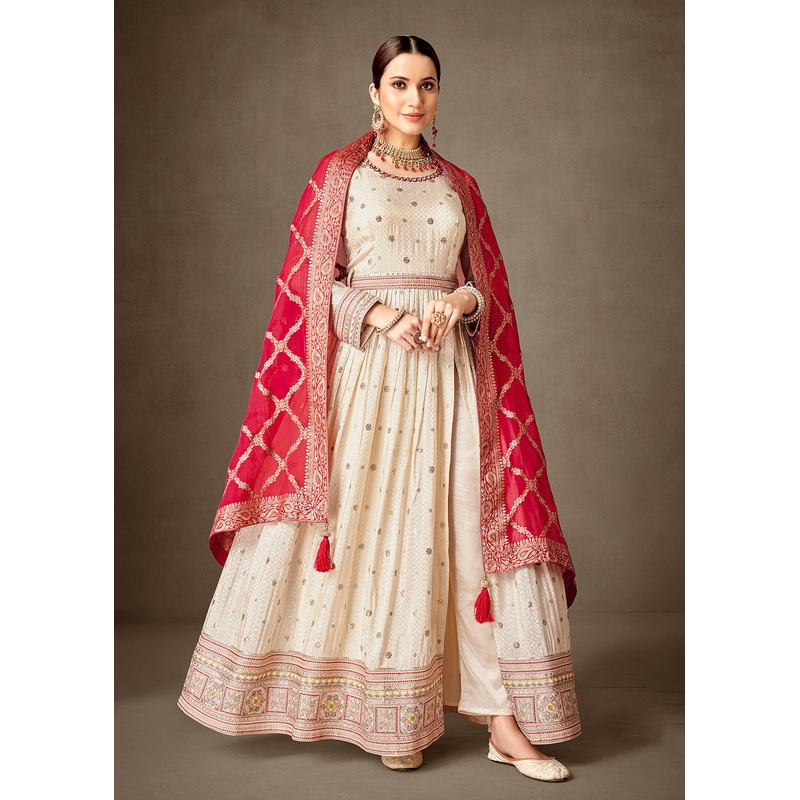 Cream & Red Pure Silk Jacquard Slit Style Anarkali Dress