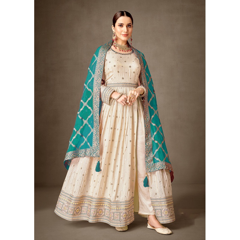 Cream & Teal Pure Silk Jacquard Slit Style Anarkali Dress