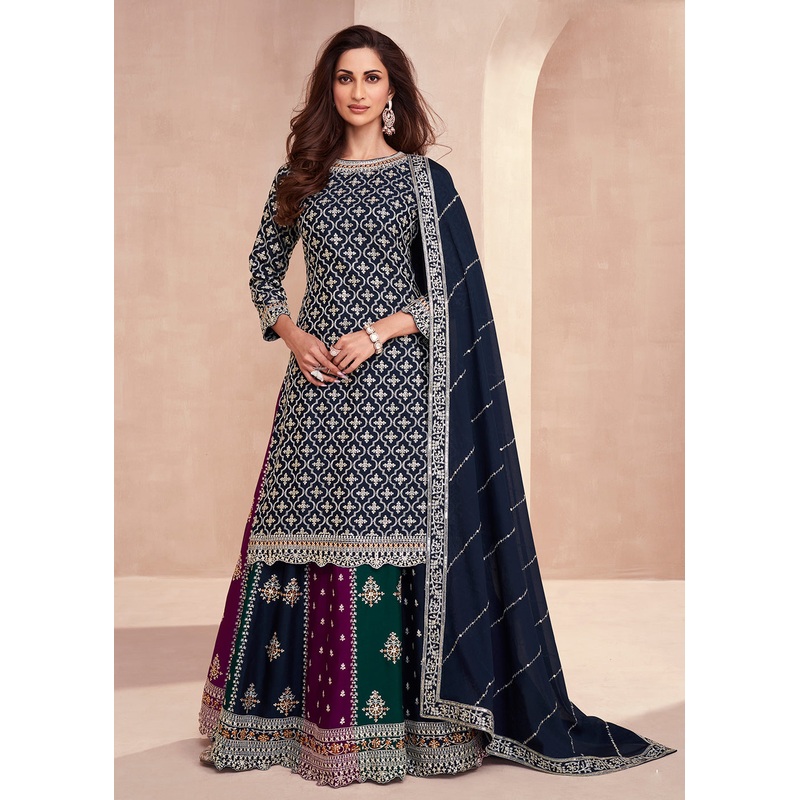 Dark Blue Multicolor Sequins Embroidered Lehenga Skirt Suit