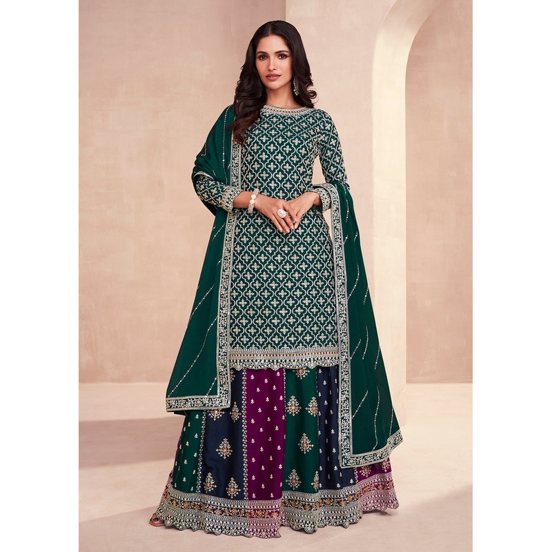 Dark Green Multicolor Sequins Embroidered Lehenga Skirt Suit