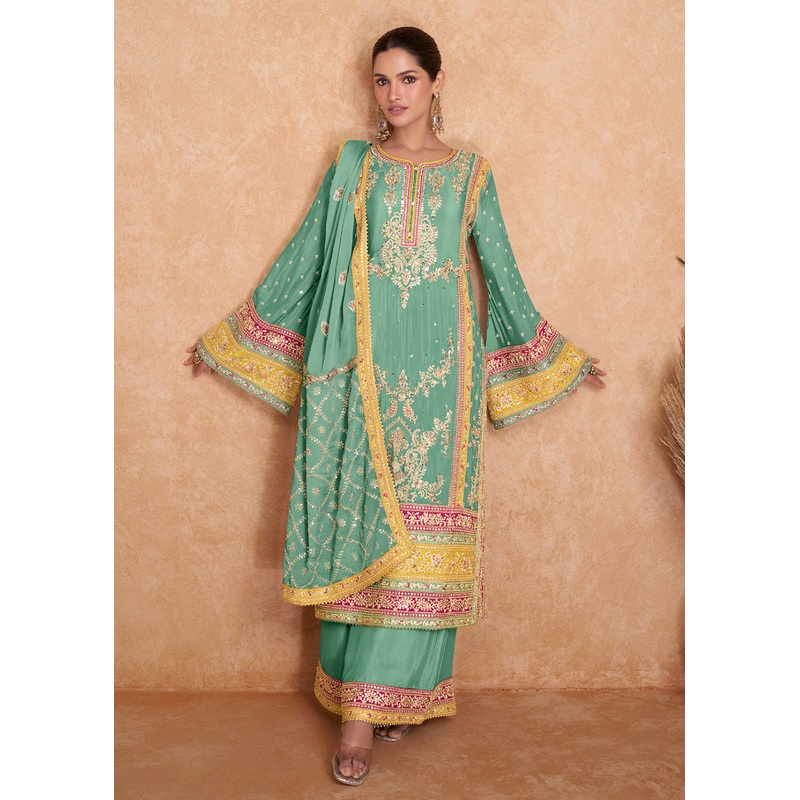 Fancy Aqua Green Chinnon Embroidered Designer Palazzo Suit