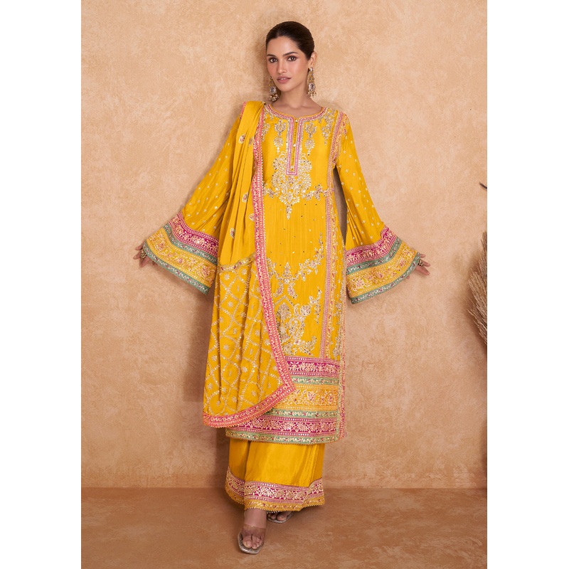Fancy Bright Yellow Chinnon Embroidered Designer Palazzo Suit
