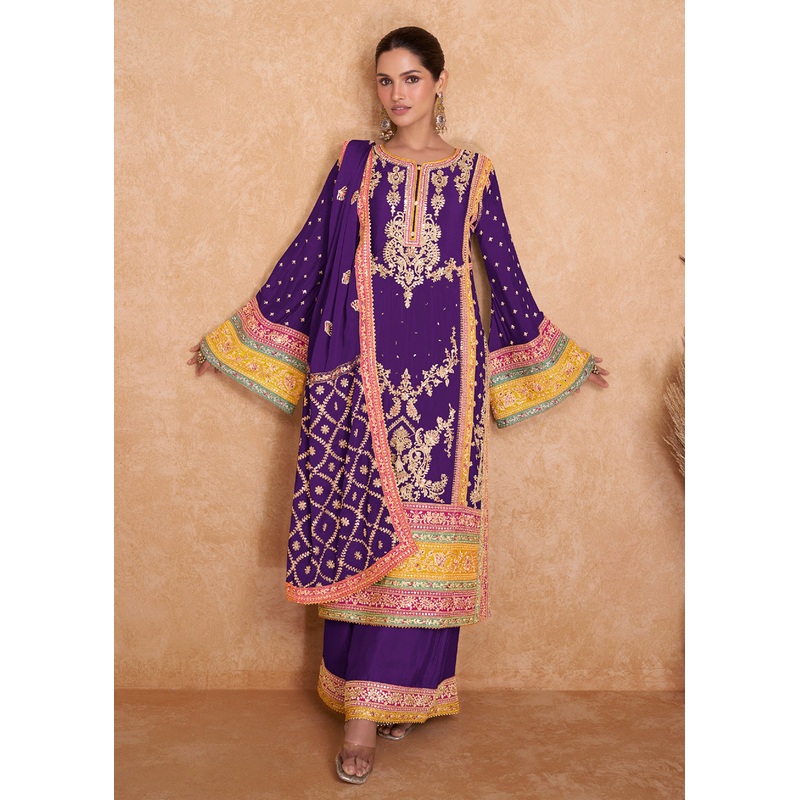 Fancy Dark Purple Chinnon Embroidered Designer Palazzo Suit