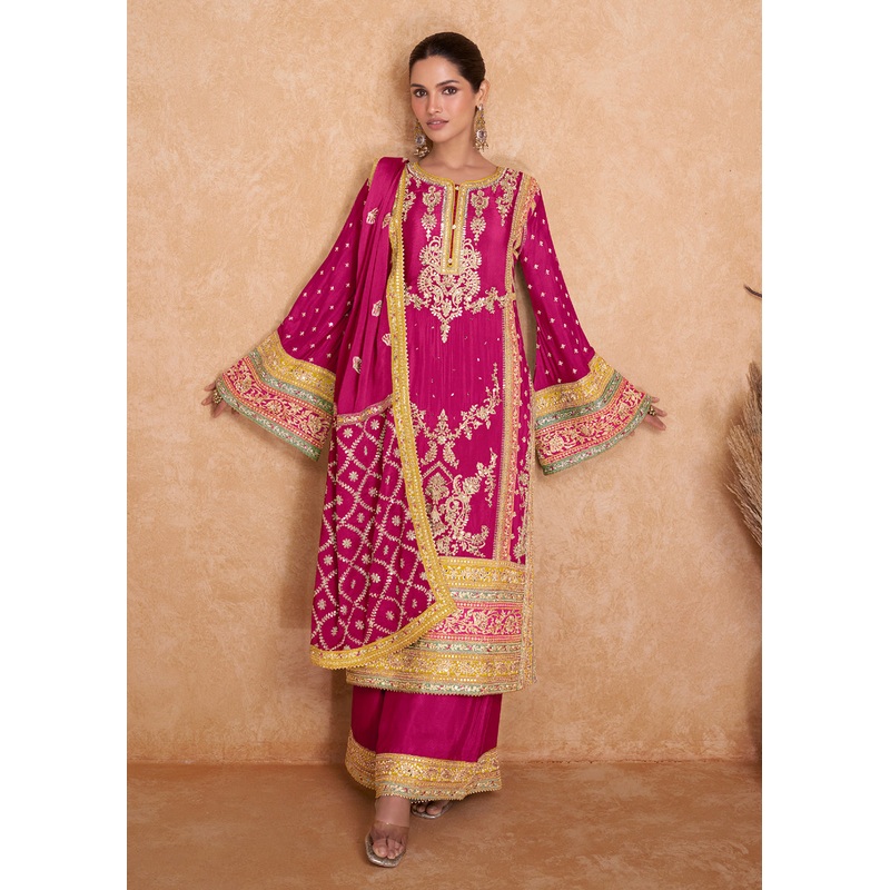 Fancy Hot Pink Chinnon Embroidered Designer Palazzo Suit