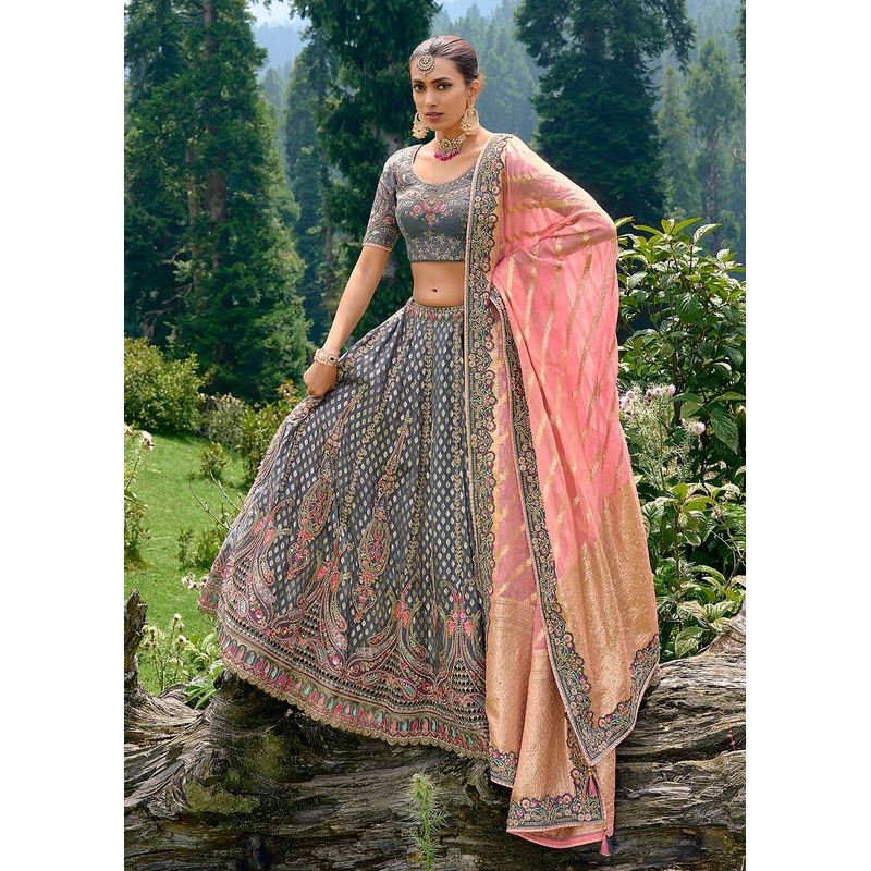 Fancy Silk Bluish Grey Heavy Embroidered Designer Lehenga Choli