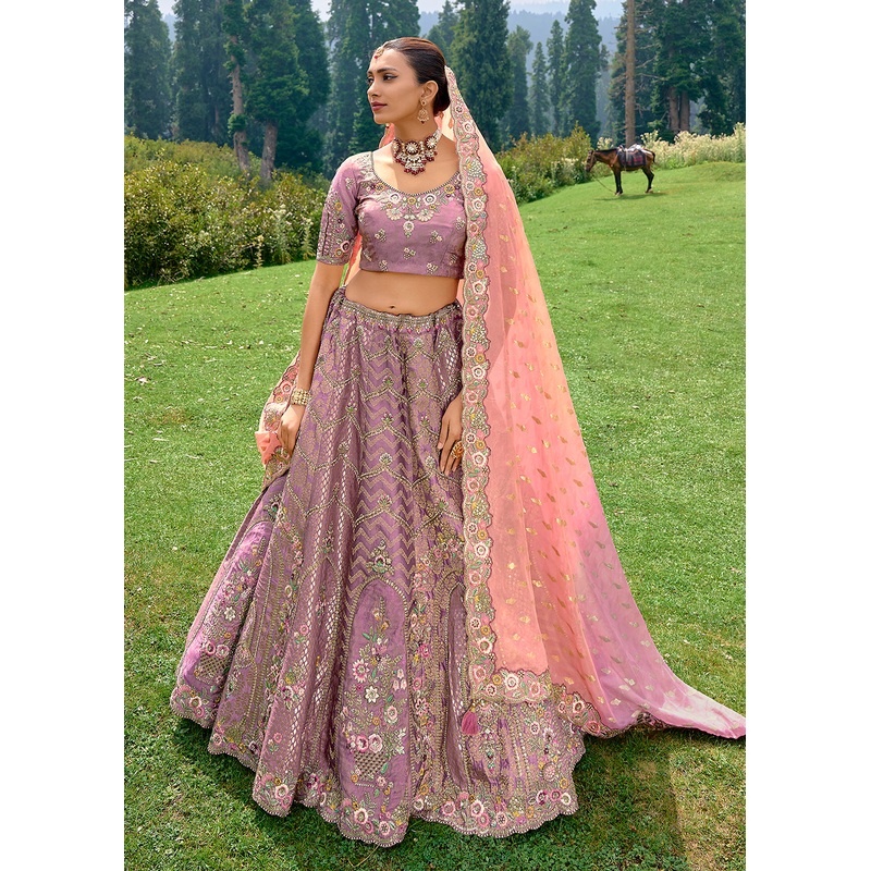 Fancy Silk Dusty Lilac Heavy Embroidered Designer Lehenga Choli