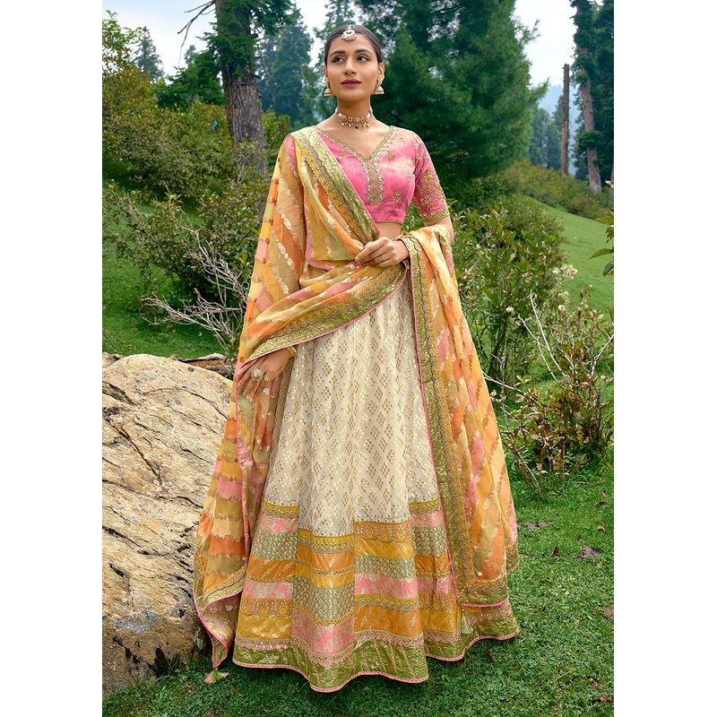 Fancy Silk Ivory Heavy Embroidered Designer Lehenga Choli