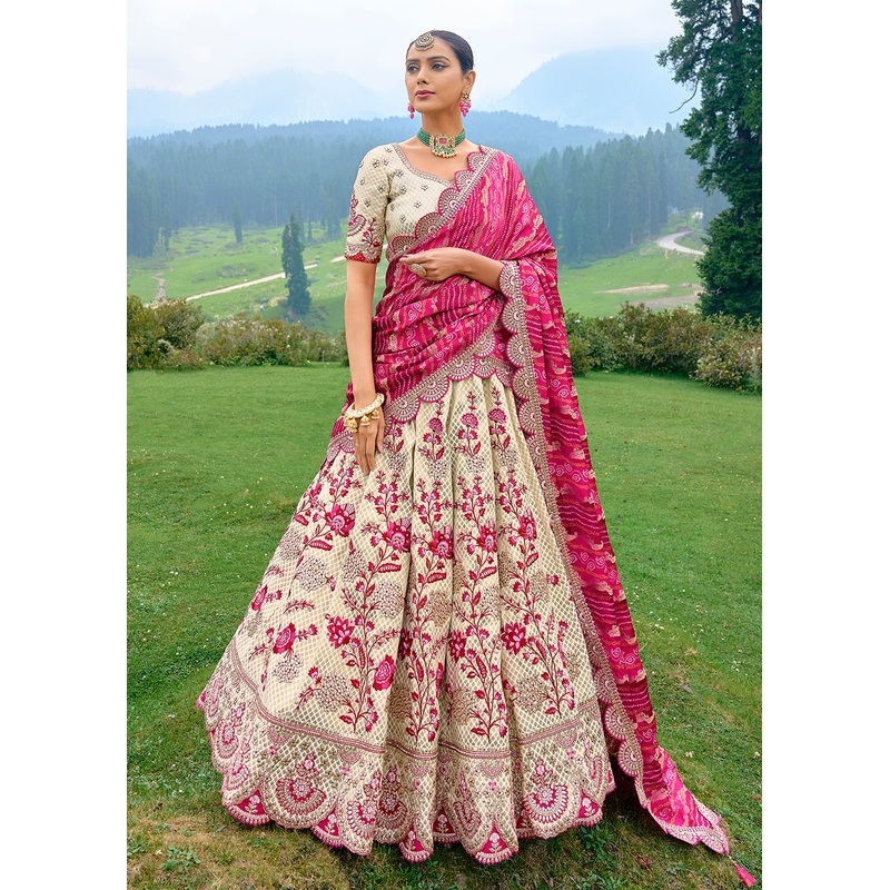 Fancy Silk Ivory Pink Heavy Embroidered Designer Lehenga Choli