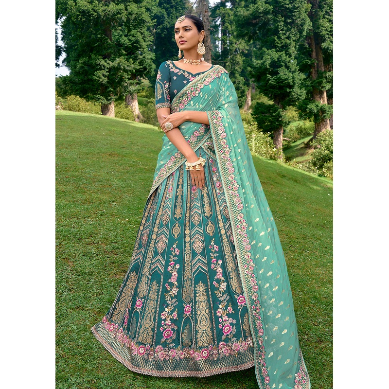 Fancy Silk Teal Heavy Embroidered Designer Lehenga Choli