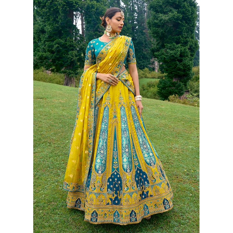 Fancy Silk Yellow Heavy Embroidered Designer Lehenga Choli