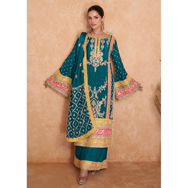 Fancy Teal Green Chinnon Embroidered Designer Palazzo Suit