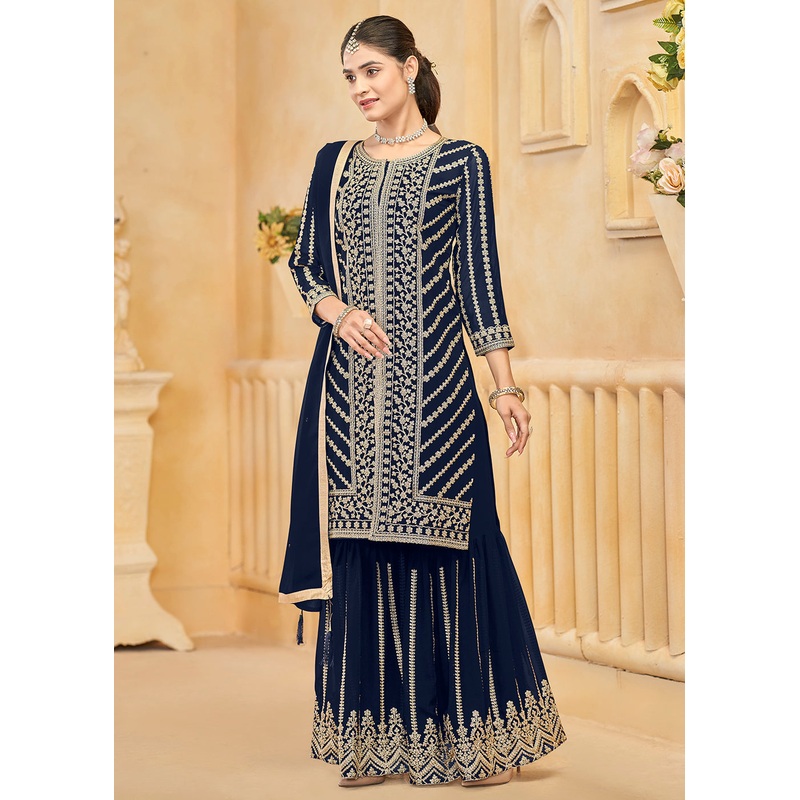 Faux Georgette Blue Embroidered Festive Sharara Suit