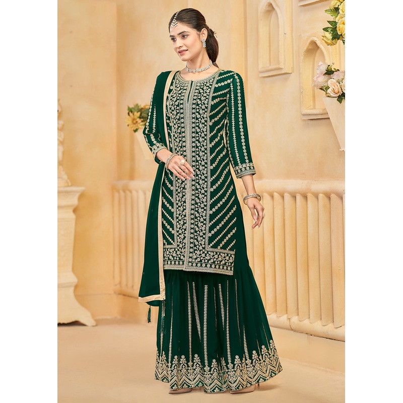 Faux Georgette Green Embroidered Festive Sharara Suit