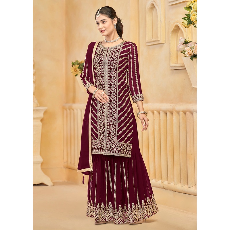 Faux Georgette Maroon Embroidered Festive Sharara Suit