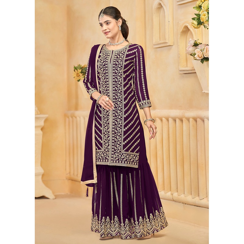 Faux Georgette Purple Embroidered Festive Sharara Suit