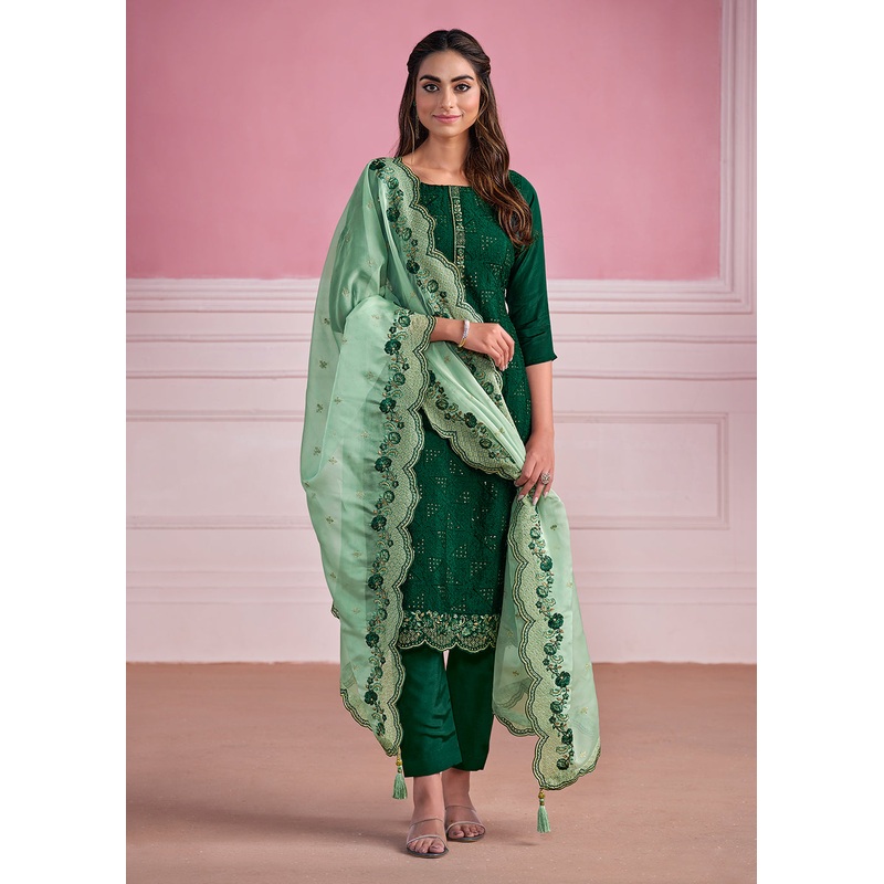 Green Chinnon Chiffon Chikankari Embroidered Wedding Salwar Suit
