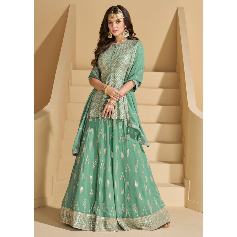 Green Embroidered Georgette Designer Lehenga Style Suit