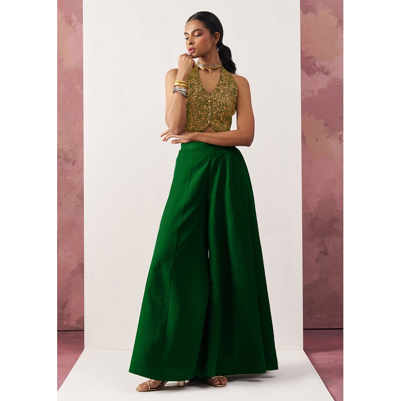 Green Jacquard Waistcoat Style Indo Western Skirt Suit