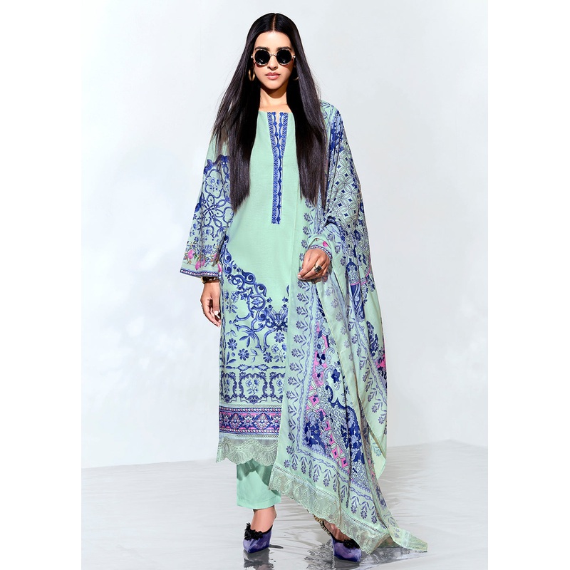 Green Linen Printed & Embroidered Pant Style Suit