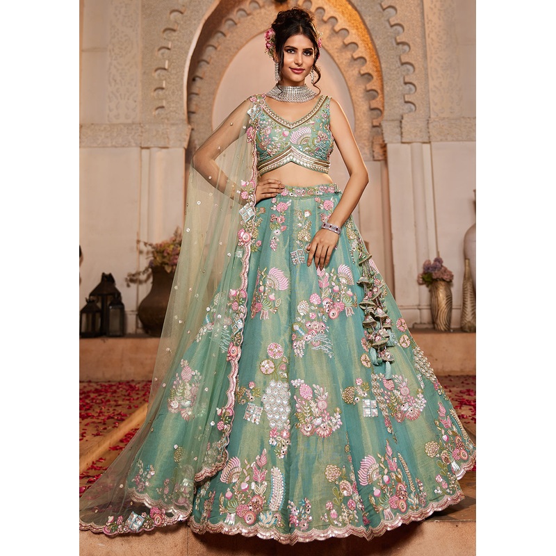 Green Net Bridal Embroidered Designer Lehenga Choli
