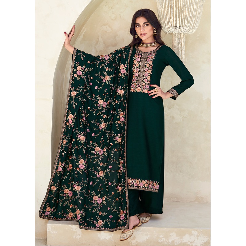 Green Premium Silk Thread Embroidered Trendy Salwar Suit