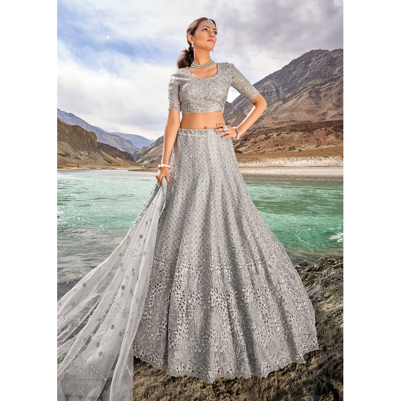 Grey Embroidered Pure Organza Designer Bridal Lehenga Choli