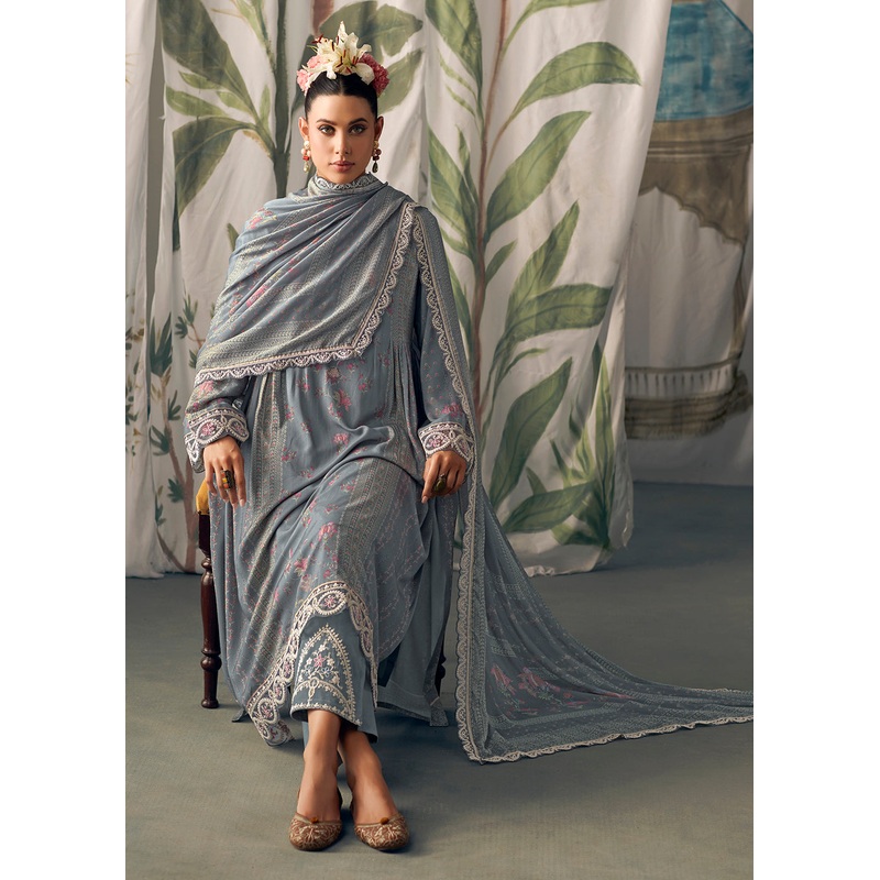 Greyish Blue Pure Maslin Cotton Digital Printed Salwar Suit