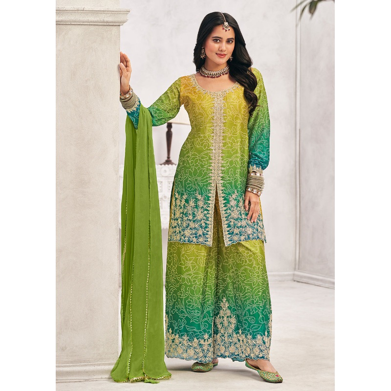 Heavy Premium Chinnon Ombre Green Festive Palazzo Suit