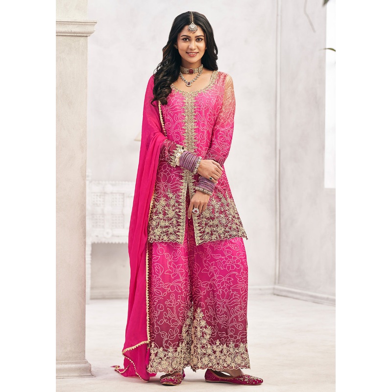 Heavy Premium Chinnon Ombre Pink Festive Palazzo Suit